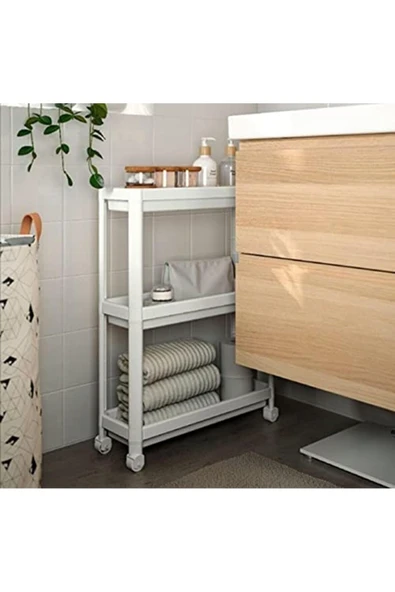 Banyo Mutfak Düzenleyici Organizer Katlı Raf Beyaz Tekerlekli 3 Katlı Raf Ünitesi