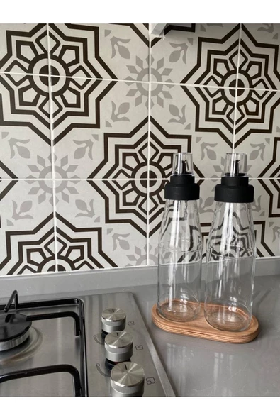 3 Parça Cam Yağlık Sirke Seti Ahşap Standlı Damlatmaz - 720 ml Sızdırmaz Sosluk - 2