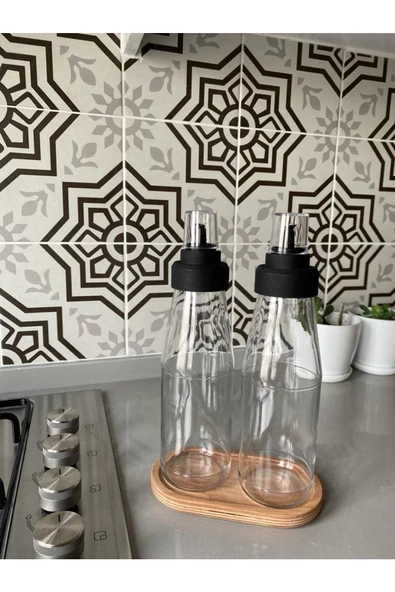 3 Parça Cam Yağlık Sirke Seti Ahşap Standlı Damlatmaz - 720 ml Sızdırmaz Sosluk - 3