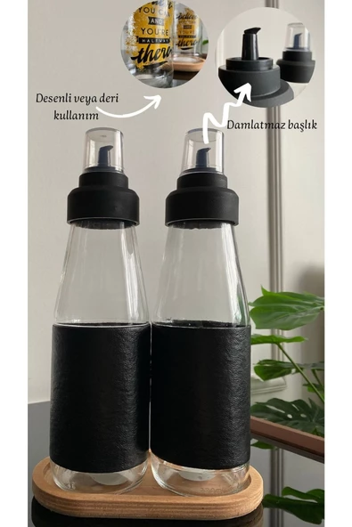 Deri Kılıf Ahşap Stadlı 3 Parça Büyük Boy Damlatmaz Akıllı Cam Yağlık Seti - 750 ml - Resim 5