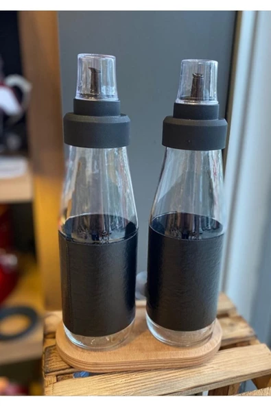 Deri Kılıf Ahşap Stadlı 3 Parça Büyük Boy Damlatmaz Akıllı Cam Yağlık Seti - 750 ml - Resim 2
