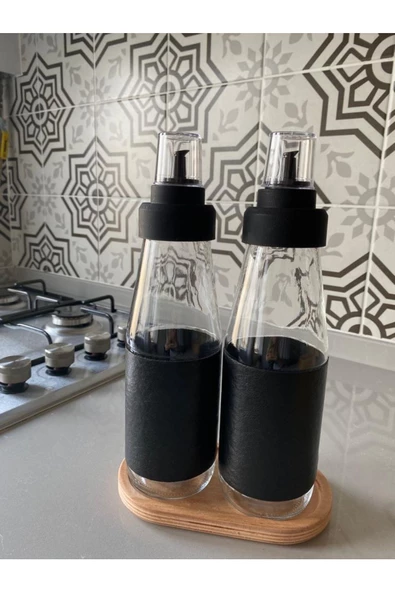 Deri Kılıf Ahşap Stadlı 3 Parça Büyük Boy Damlatmaz Akıllı Cam Yağlık Seti - 750 ml - Resim 4