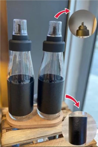Deri Kılıflı Büyük Boy 3'lü Damlatmaz Ahşap Standlı Cam Yağlık Seti - 750 ml - Resim 3