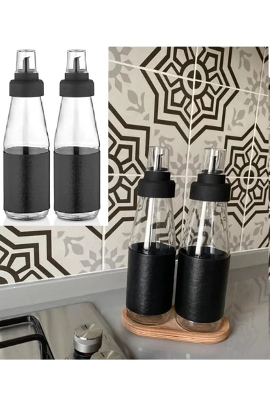 Deri Kılıflı Büyük Boy 3'lü Damlatmaz Ahşap Standlı Cam Yağlık Seti - 750 ml