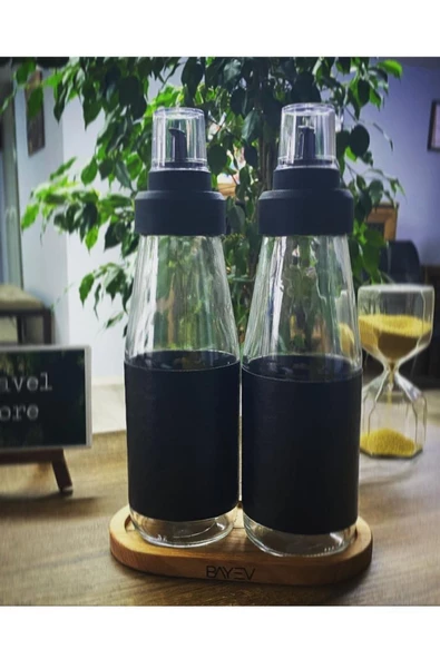 Deri Kılıf Ahşap Stadlı 3 Parça Büyük Boy Damlatmaz Akıllı Cam Yağlık Seti - 750 ml - Resim 3
