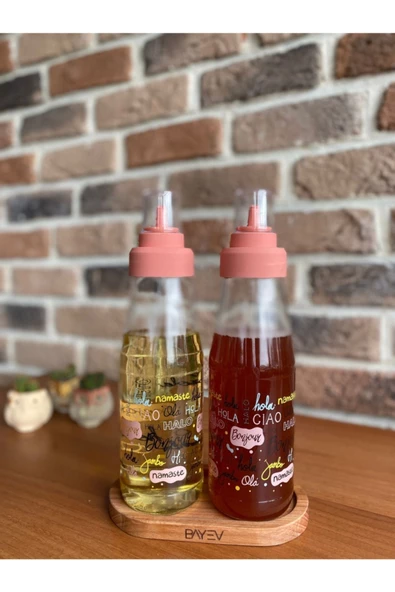 Pembe Kapak Ahşap Standlı 3' Lü Damlatmaz Akıllı 750 ml Yağlık Ve Sirkelik Seti - Resim 3