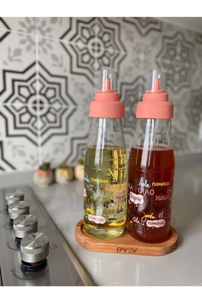 Pembe Kapak Ahşap Standlı 3' Lü Damlatmaz Akıllı 750 ml Yağlık Ve Sirkelik Seti - Resim 2