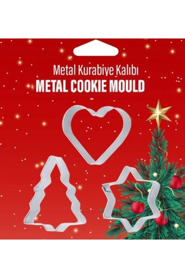 Metal Yılbaşı Özel 3 Parça Kurabiye Kalıbı Çam Ağacı Yıldız Kalp Merry Christmas