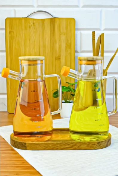 Yeni Seri Bambu Kapak 3 Parça Ahşap Standl 900 Ml Yağlık Sirkelik Seti