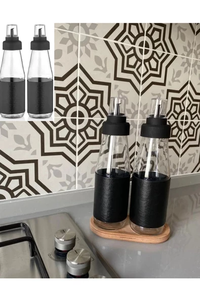 Deri Kılıflı Damlatmaz Ahşap Standlı 3 Parça Yağlık Sosluk Seti - 720 ml - 1