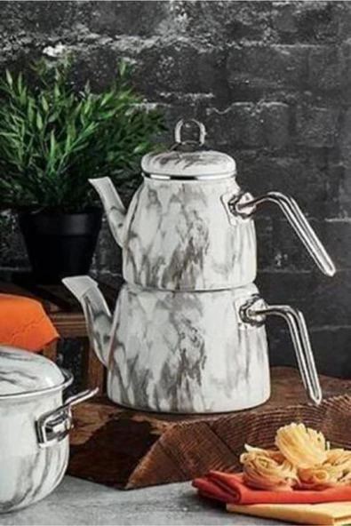 Emaye Lüks Çaydanlık Takımı Pamukkale Beyaz Mermer
