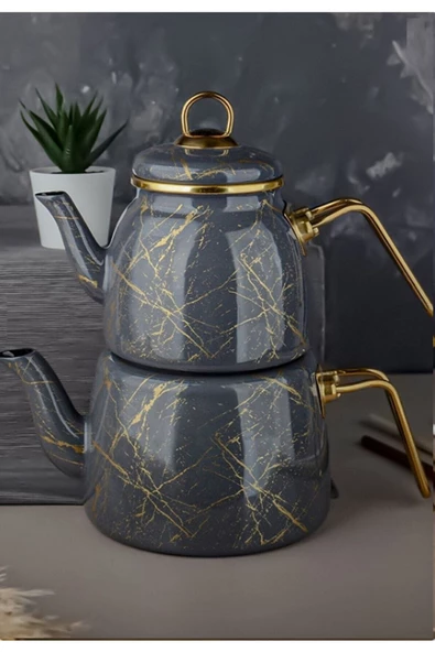 Emaye Çaydanlık Mermer Desen Gri Emaye Elite Class Gri Kırık Mermer 200921