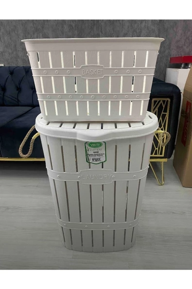 Bambu Halatlı Kirli Çamaşır Sepeti Ve Selesi Seti - 2'li Takım - 2