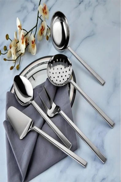 5 Parça Çelik Düz Servis Seti Kepçe Kevgir Spatula Makarna Kaşığı Takımı Çeyiz Mutfak Seti ürün görseli