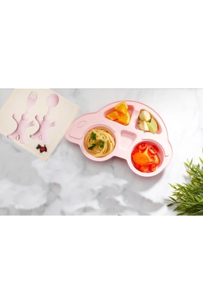 Çocuk Yemek Seti - Mama Tabağı Çatal Kaşık Takımı Pembe - 2