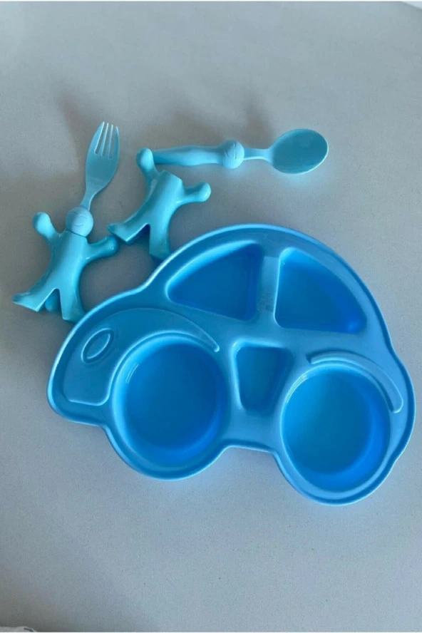 Çocuk Yemek Seti Figürlü Mama Tabağı Çatal Kaşık- Mavi