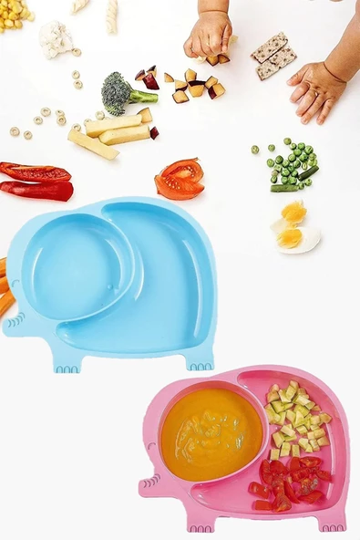 2'li Fil Bölmeli Mama Tabağı 1 Adet Mavi 1 Adet Pembe Bebek Ve Çocuk Bölmeli Yemek Tabağı - 2