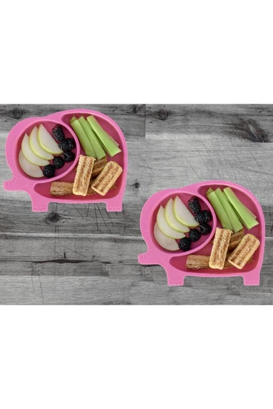 2'li Fil Model Bölmeli Mama Tabağı - Pembe ( 2 Adet ) Bebek Ve Çocuk Bölmeli Yemek Tabağı - 2