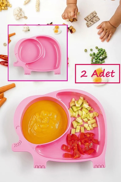 2'li Fil Model Bölmeli Mama Tabağı - Pembe ( 2 Adet ) Bebek Ve Çocuk Bölmeli Yemek Tabağı