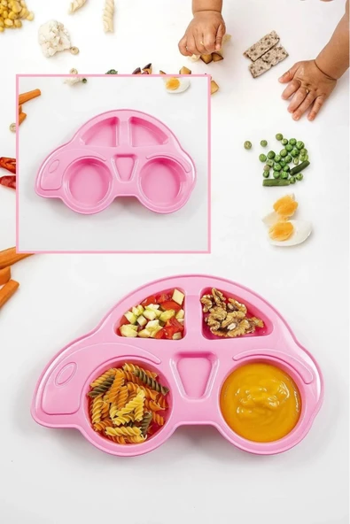 Turuncu Ve Pembe 2'li Mama Tabağı Araba Model Bölmeli Bebe Tabağı - 2