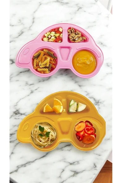 Turuncu Ve Pembe 2'li Mama Tabağı Araba Model Bölmeli Bebe Tabağı