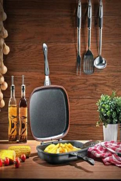 Granit Kare Double Grill Pan 32 Cm - Siyah Çift Taraflı Kullanılabilen Ayrılabilen Ikiz Tava - Resim 2