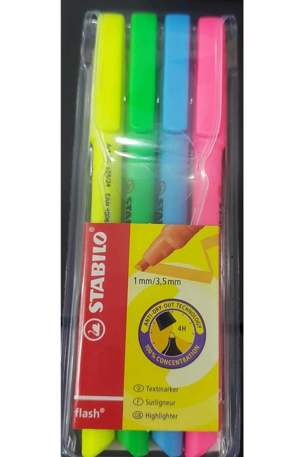 Stabilo Fosforlu Kalem Flash 4 Lü Sarı Yeşil Mavi Pembe