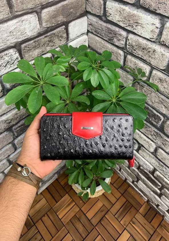 Guard Siyah Kırmızı Deve Kuşu Baskı Fermuarlı ve Deri Patlı El Portföyü - 1