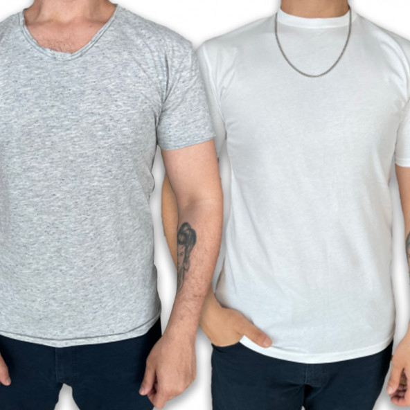 EWP Beyaz Basic Sıfır Yaka Oversize Casual Ve Gri V Yaka Tshirt 2li Set ERKK-BYZvGRİ