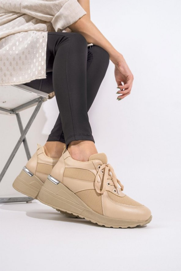 Modabuymus Ten Rengi Fileli Dolgu Topuklu Sneaker Bağcıklı Spor Ayakkabı - Pily
