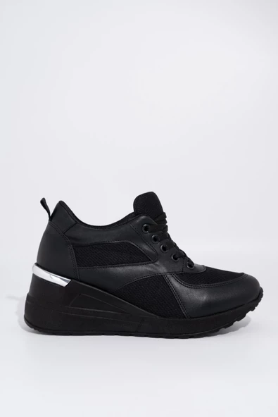 Siyah Fileli Dolgu Topuklu Sneaker Bağcıklı Spor Ayakkabı - Pily - 2
