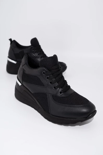 Siyah Fileli Dolgu Topuklu Sneaker Bağcıklı Spor Ayakkabı - Pily - 4