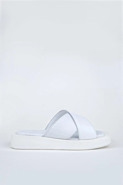 Beyaz Hakiki Deri Anatomik Günlük Terlik - Vulap - 2