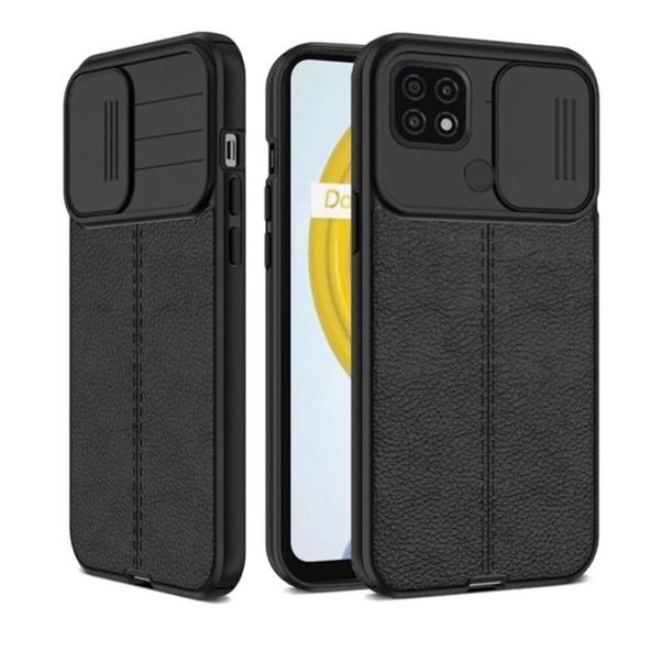Gpack Oppo A15S Kılıf Kamera Sürgülü Deri Dokulu Mat Silikon