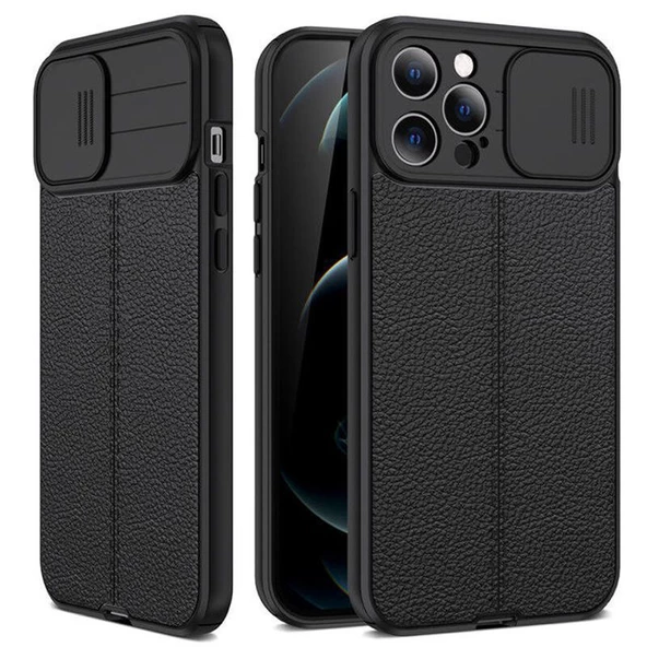 Gpack Apple iPhone 13 Pro Kılıf Kamera Sürgülü Deri Dokulu Mat Silikon - 6