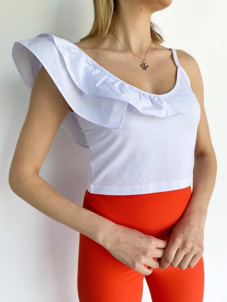 Kadın Omuz Detaylı Crop Beyaz - Resim 6