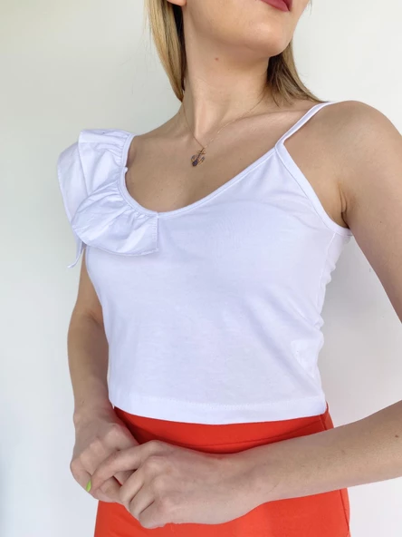 Kadın Omuz Detaylı Crop Beyaz - Resim 5