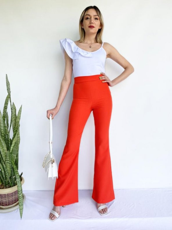 Kadın Yüksek Bel İspanyol Paça Pantolon Turuncu
