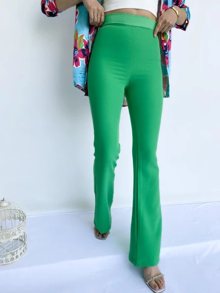 Kadın Yüksek Bel İspanyol Paça Pantolon Yeşil - Resim 7