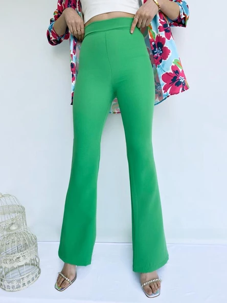 Kadın Yüksek Bel İspanyol Paça Pantolon Yeşil - Resim 6