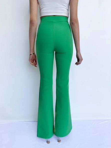 Kadın Yüksek Bel İspanyol Paça Pantolon Yeşil - Resim 3