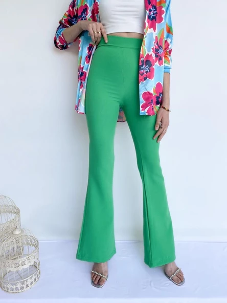 Kadın Yüksek Bel İspanyol Paça Pantolon Yeşil - Resim 4