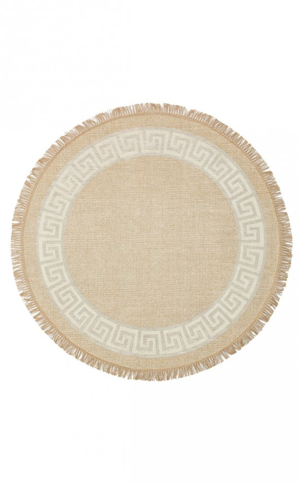 Karnaval Grek Desen Saçaklı Hasır Dokulu Renkli Dokuma Yuvarlak Modern Kilim Eko Halı Brk11NWY - 1