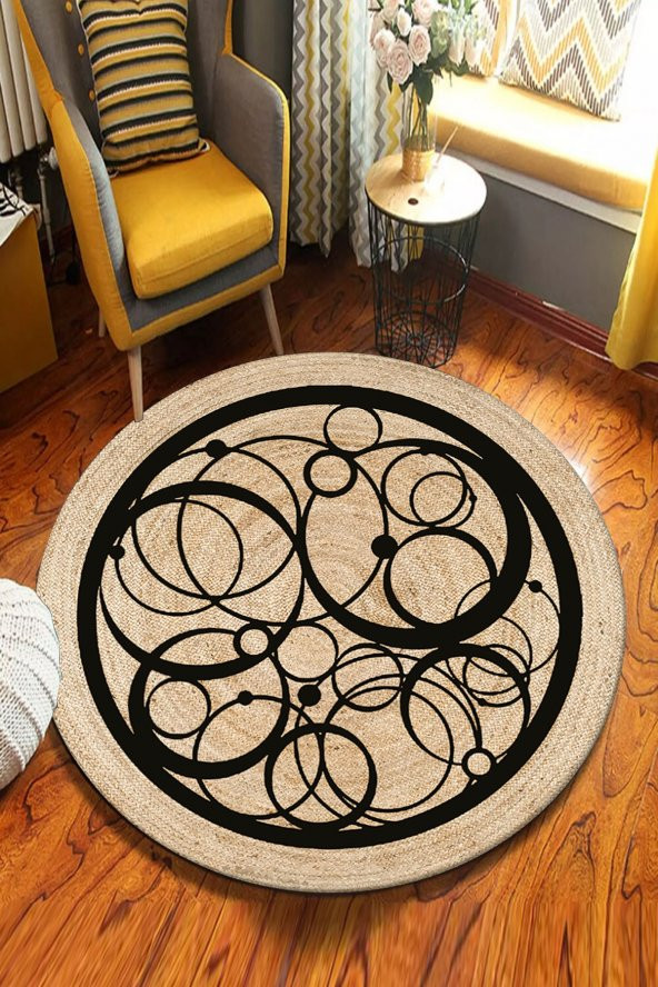 GARDENYA HOME Otantik Desenli Yuvarlak Jüt Örme Doğal Hasır Kilim Daire Halı JUT-3009 - 1