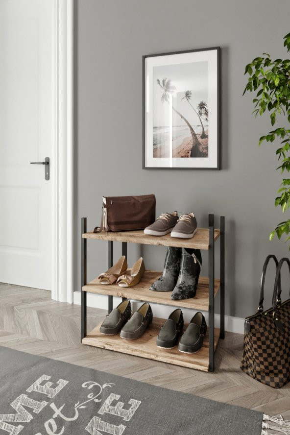 GARDENYA HOME Ceviz Kahve Siyah 3 Katlı Modern Dekoratif Mdf Ahşap Ayakkabılık Çok Amaçlı Raf