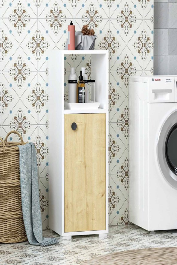 GARDENYA HOME Beyaz Renk Meşe Renkli Dekoratif Modern Raflı Kapaklı Banyo Balkon Mutfak Dolabı