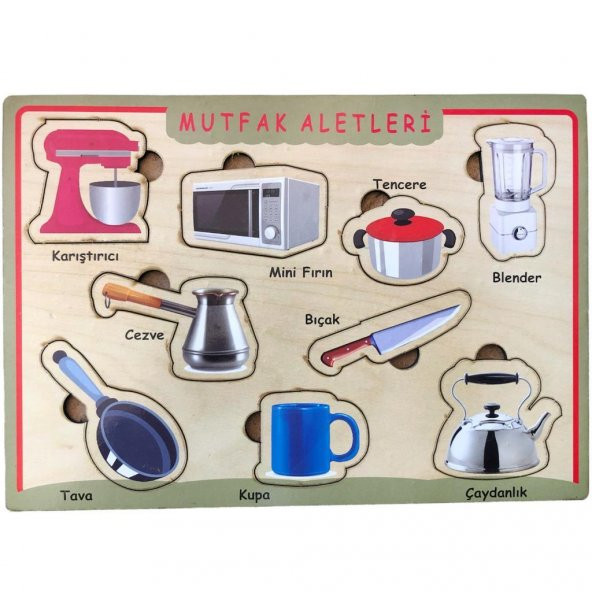 Farbu Oyuncak Ahşap Bultak Puzzle 9 Parça Arka Yüzü Yazı Tahtalı Yapboz Mutfak Aletleri