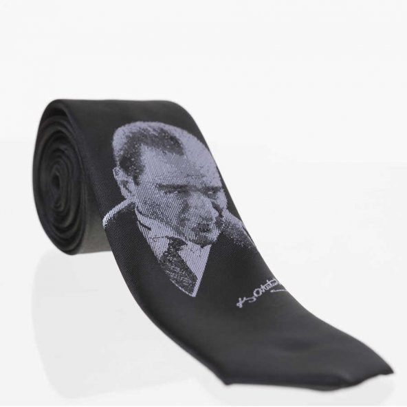 Atatürk ve İmza Desenli Dokuma Siyah Kravat - AK-24