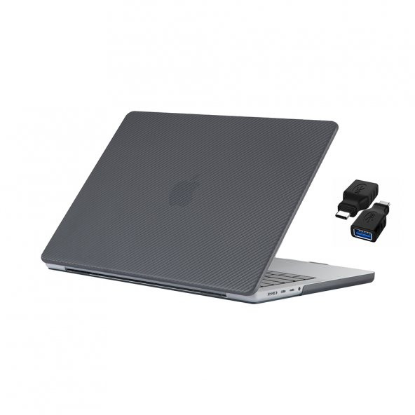 Codegen Apple 14" Macbook Pro M1 A2442 Siyah Carbon Fiber Dizayn Kılıf Koruyucu Kapak+Çevirici