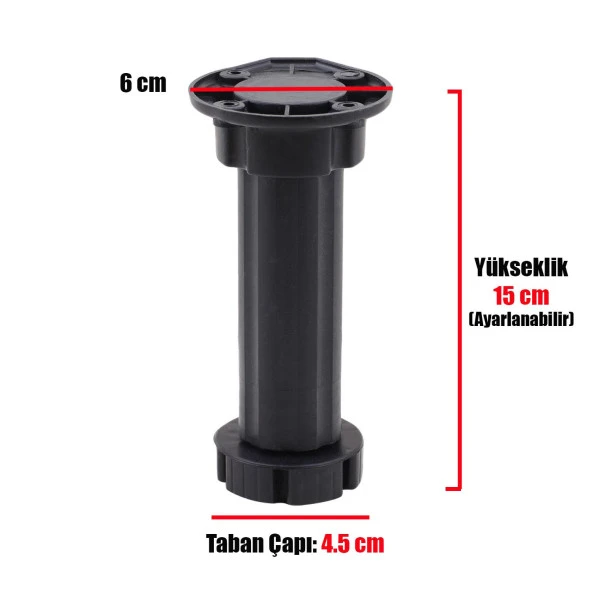 Mobilya Dolap Ünite Tezgah Ayağı Ayarlanabilir 15 cm Siyah Denge Ayak (4 ADET) - Resim 3